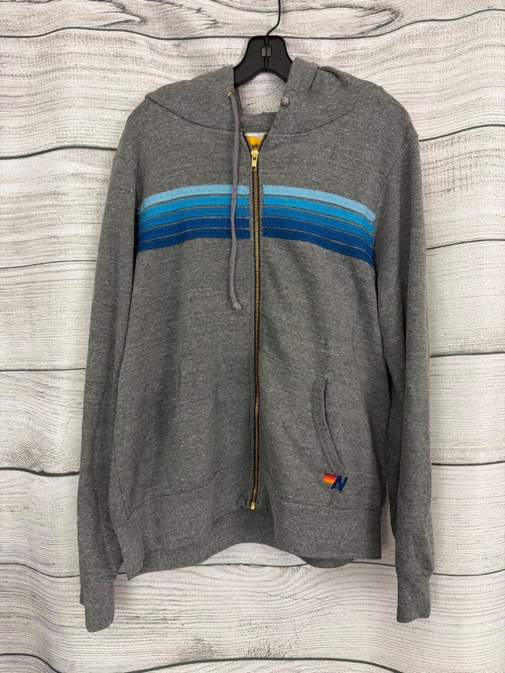 Unisex Aviator Nation Gray Hoodie With Blue Stripe Design Full Zip Size XL